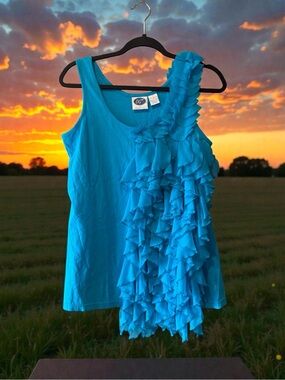 DG2 by Diane Gilman Bright Blue Ruffled Tank Top